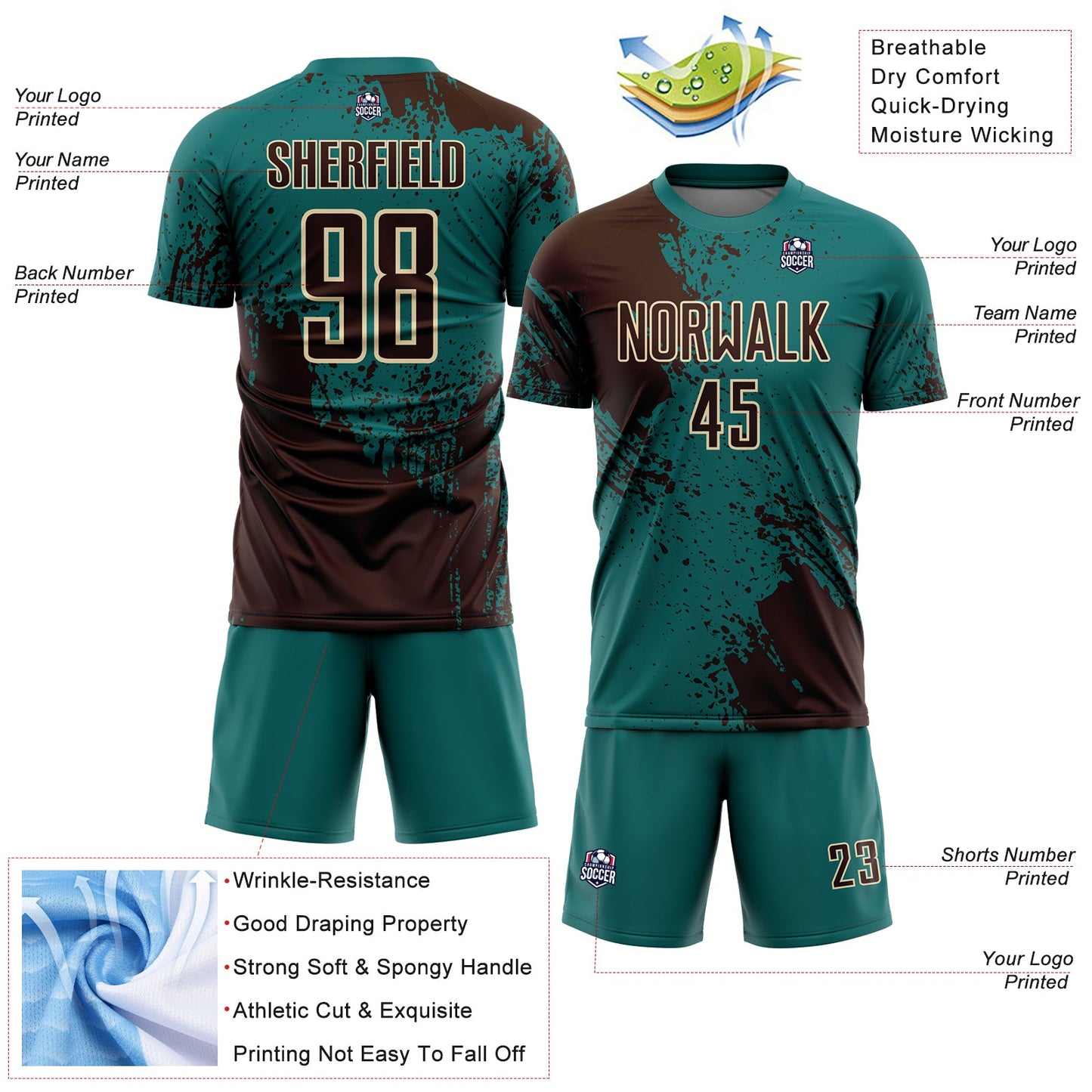 Custom Teal Brown-Cream Abstract Brush Stroke Sports Sublimation Soccer Uniform Jersey view 4