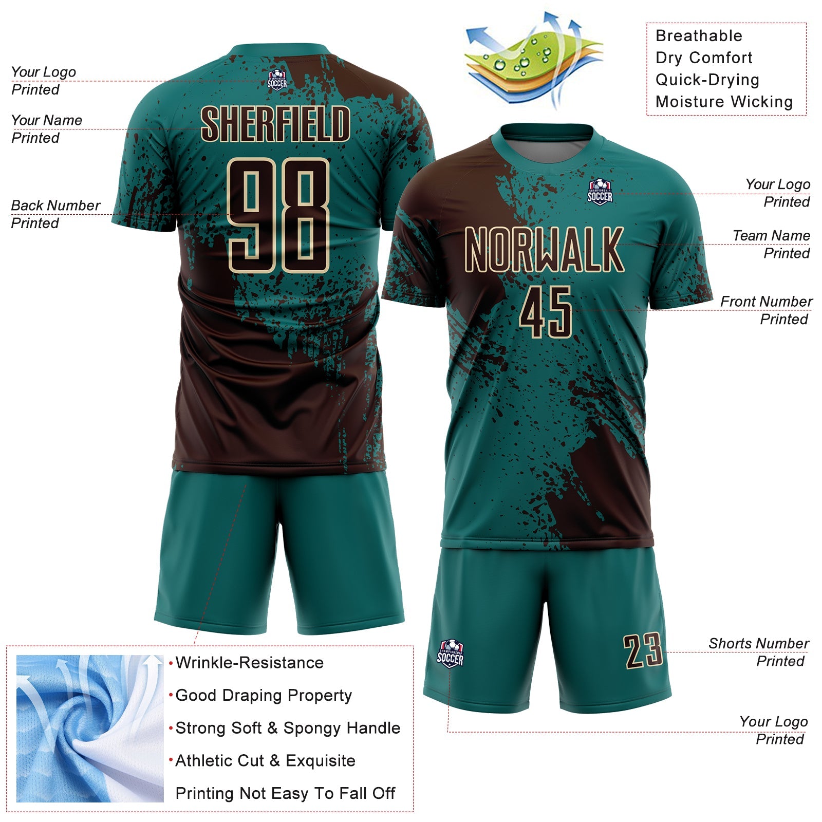 Custom Teal Brown-Cream Abstract Brush Stroke Sports Sublimation Soccer Uniform Jersey view 4