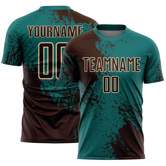 Custom Teal Brown-Cream Abstract Brush Stroke Sports Sublimation Soccer Uniform Jersey - Main View