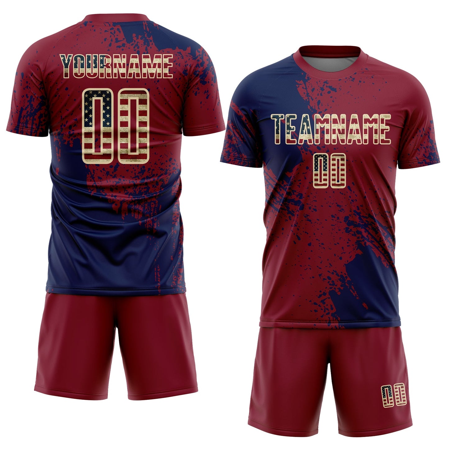 Custom Crimson Vintage USA Flag Navy-Cream Abstract Brush Stroke Sports Sublimation Soccer Uniform Jersey view 2