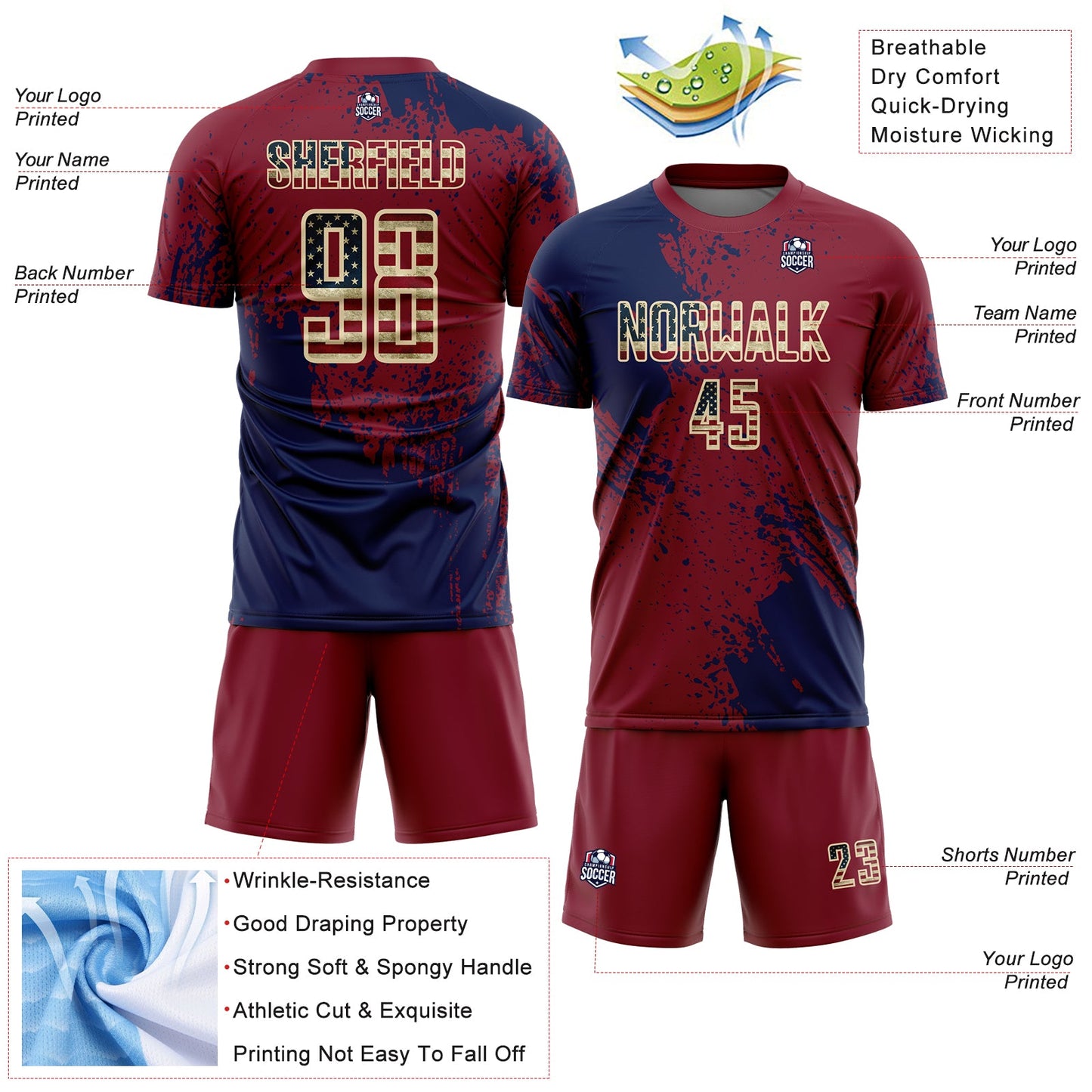 Custom Crimson Vintage USA Flag Navy-Cream Abstract Brush Stroke Sports Sublimation Soccer Uniform Jersey view 4