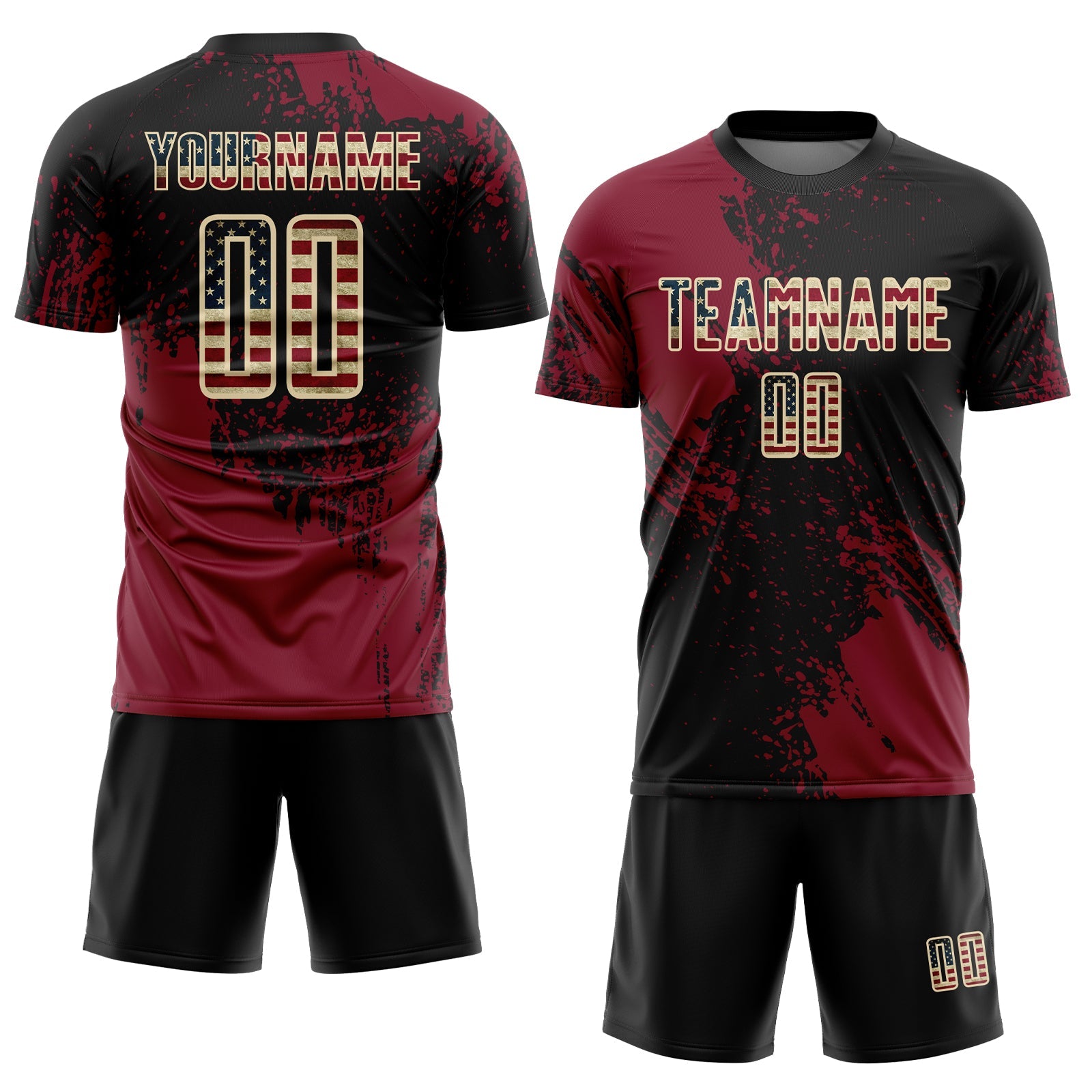 Custom Black Vintage USA Flag Crimson-Cream Abstract Brush Stroke Sports Sublimation Soccer Uniform Jersey view 2