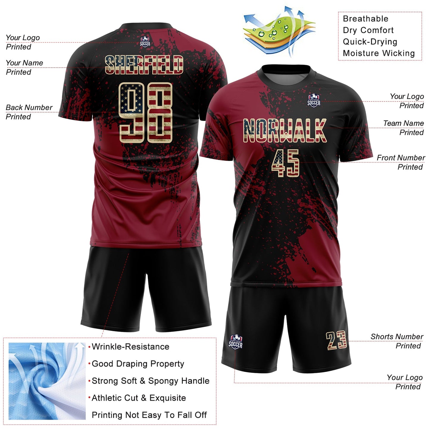 Custom Black Vintage USA Flag Crimson-Cream Abstract Brush Stroke Sports Sublimation Soccer Uniform Jersey view 4