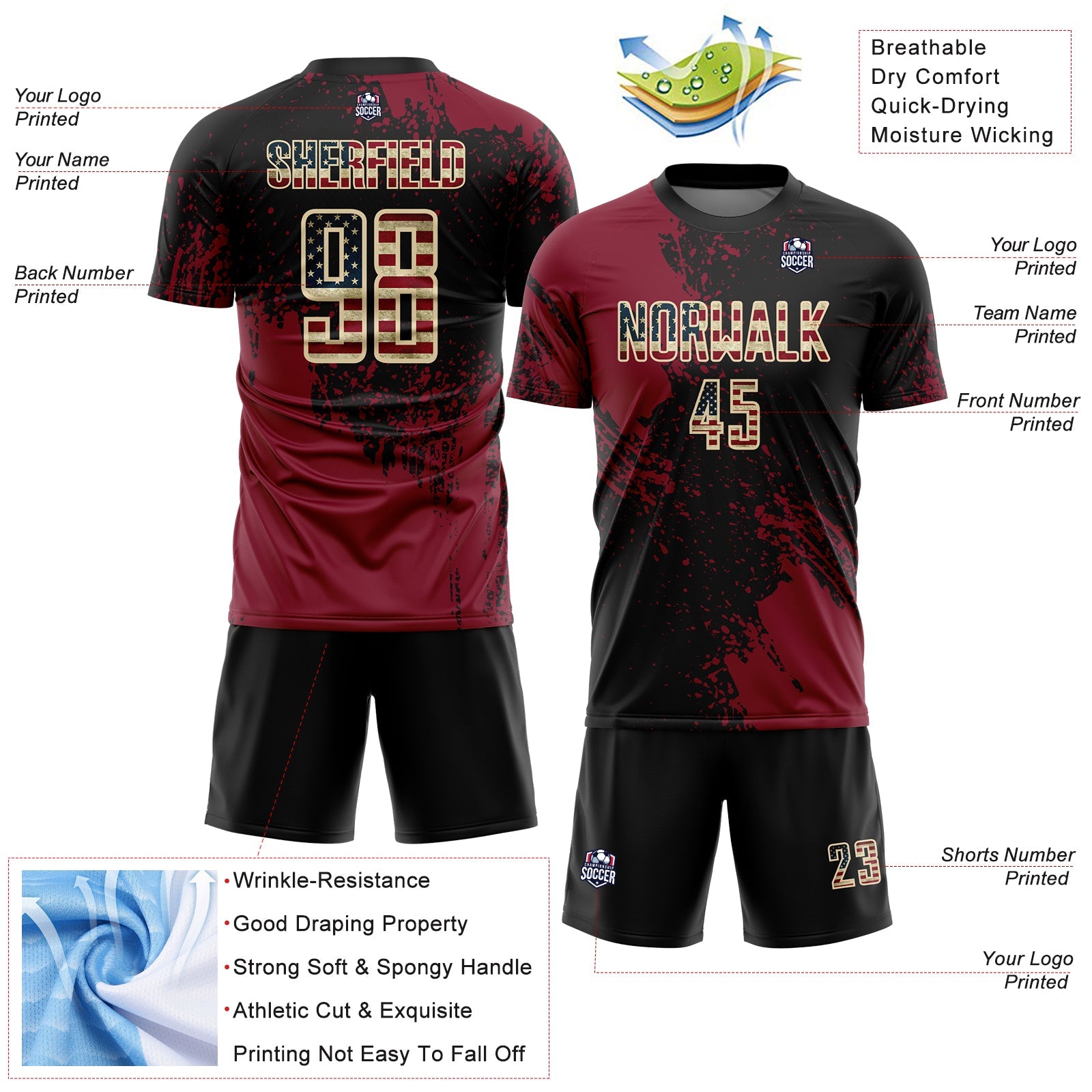 Custom Black Vintage USA Flag Crimson-Cream Abstract Brush Stroke Sports Sublimation Soccer Uniform Jersey view 4