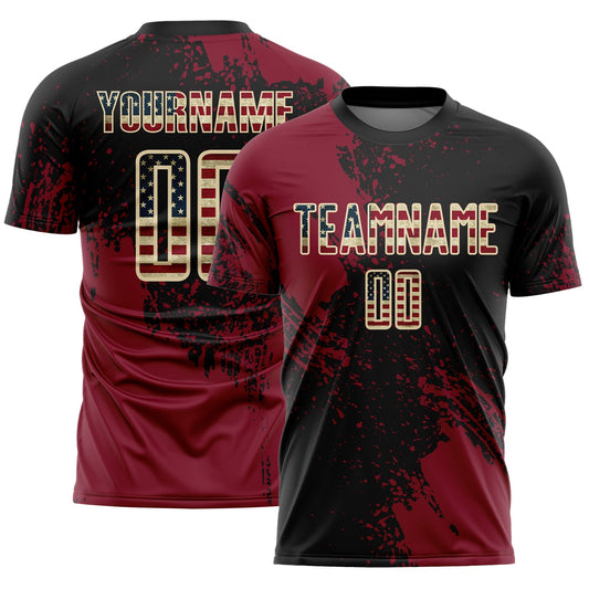Custom Black Vintage USA Flag Crimson-Cream Abstract Brush Stroke Sports Sublimation Soccer Uniform Jersey - Main View