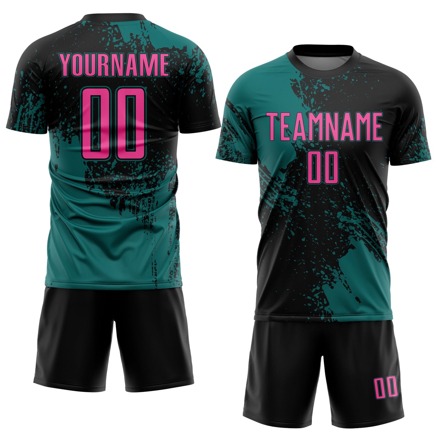 Custom Black Pink-Teal Abstract Brush Stroke Sports Sublimation Soccer Uniform Jersey view 2