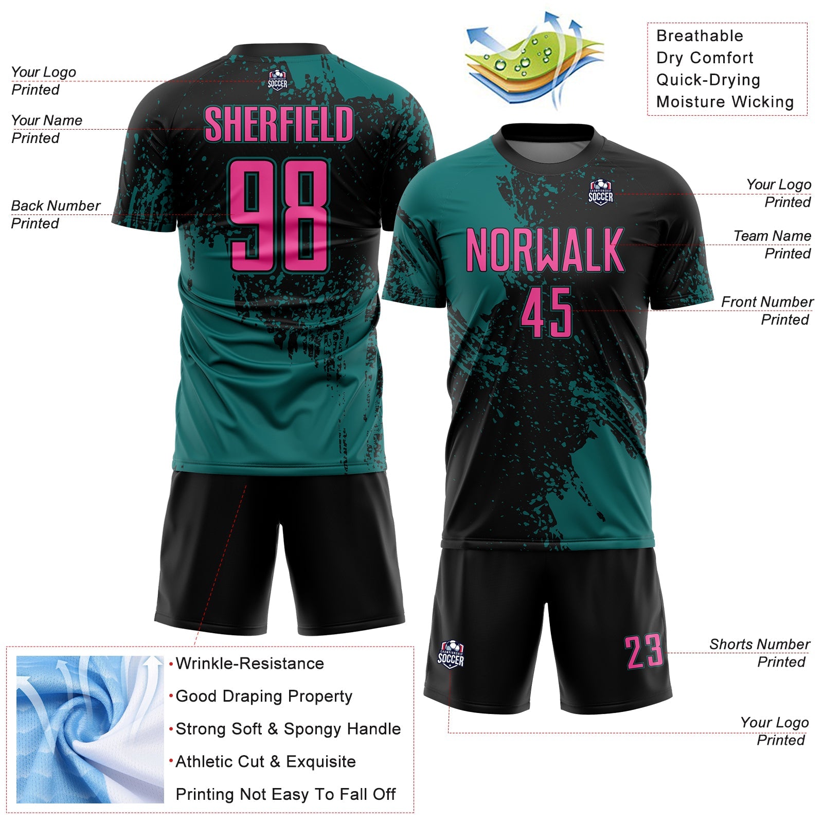 Custom Black Pink-Teal Abstract Brush Stroke Sports Sublimation Soccer Uniform Jersey view 4