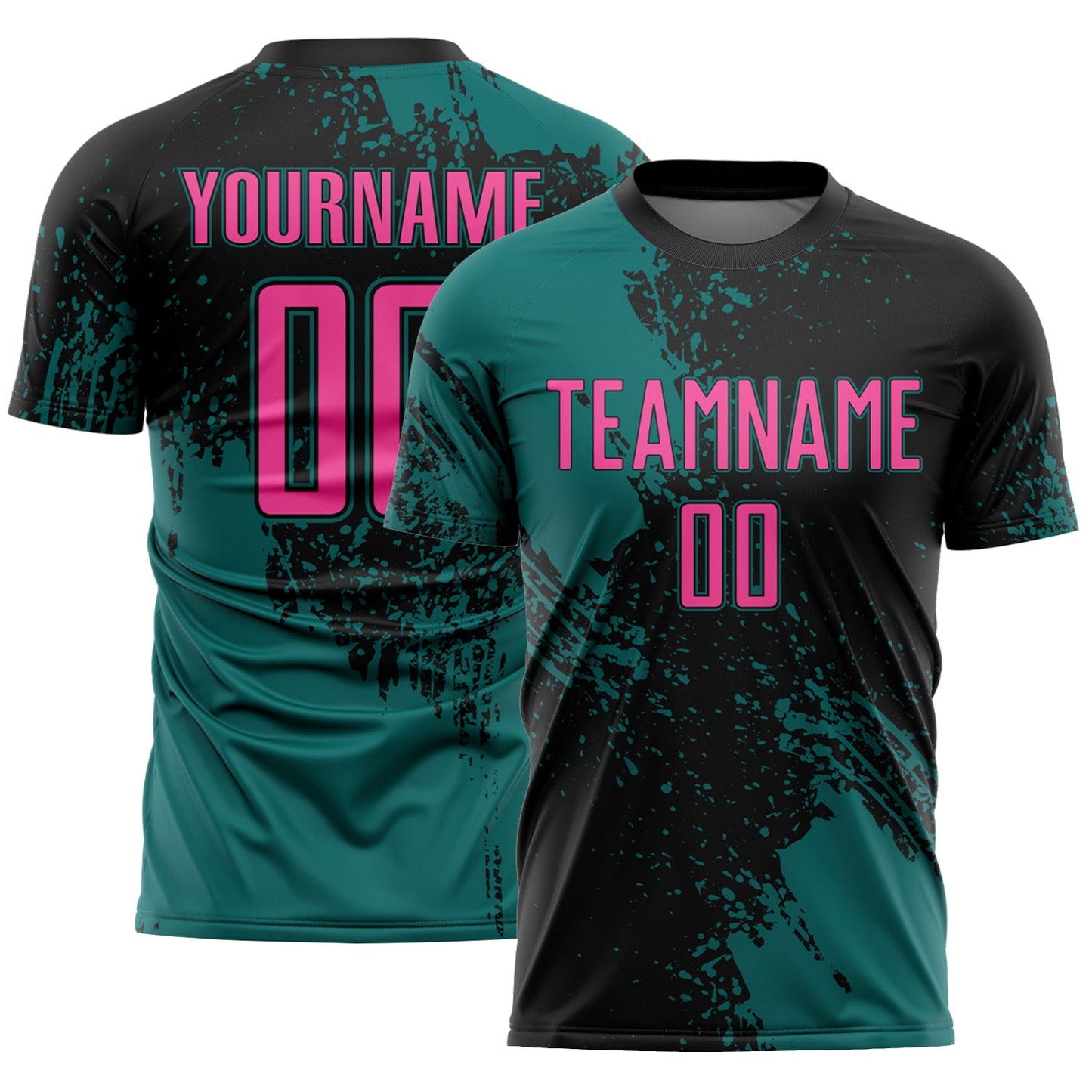 Custom Black Pink-Teal Abstract Brush Stroke Sports Sublimation Soccer Uniform Jersey - Main View