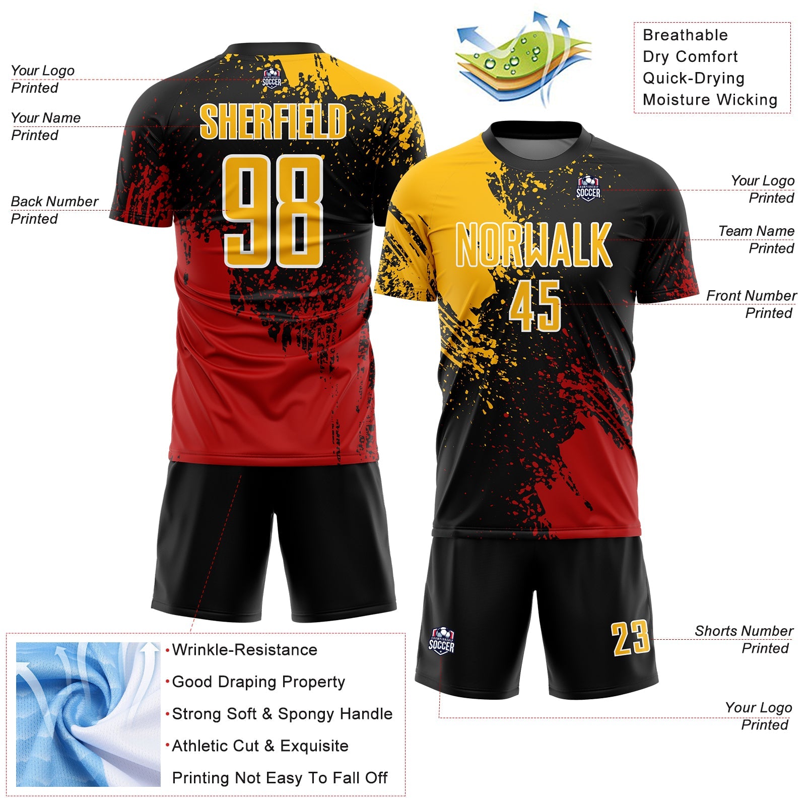 Custom Black Gold Red-White Abstract Brush Stroke Sports Sublimation Soccer Uniform Jersey view 4