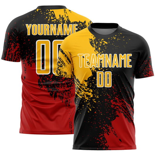 Custom Black Gold Red-White Abstract Brush Stroke Sports Sublimation Soccer Uniform Jersey - Main View