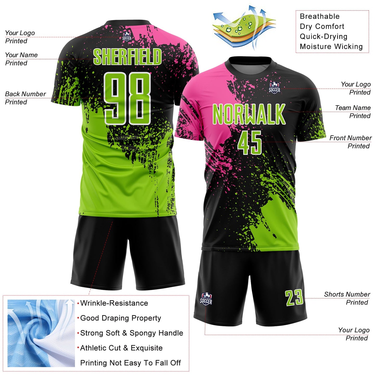 Custom Black Neon Green Pink-White Abstract Brush Stroke Sports Sublimation Soccer Uniform Jersey view 4
