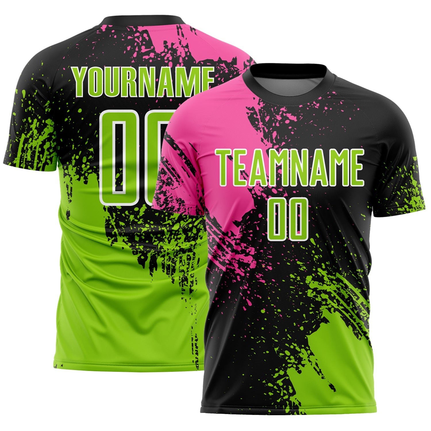 Custom Black Neon Green Pink-White Abstract Brush Stroke Sports Sublimation Soccer Uniform Jersey - Main View