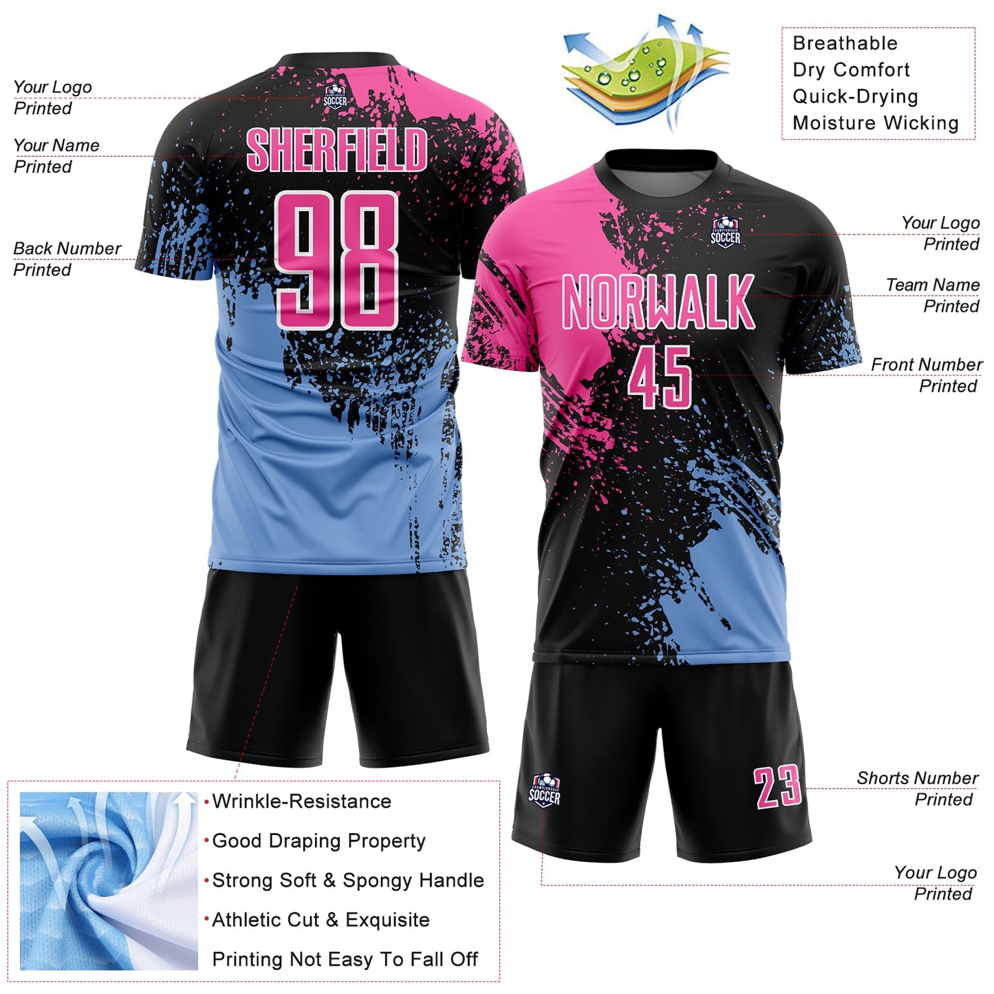Custom Black Pink Light Blue-White Abstract Brush Stroke Sports Sublimation Soccer Uniform Jersey view 4