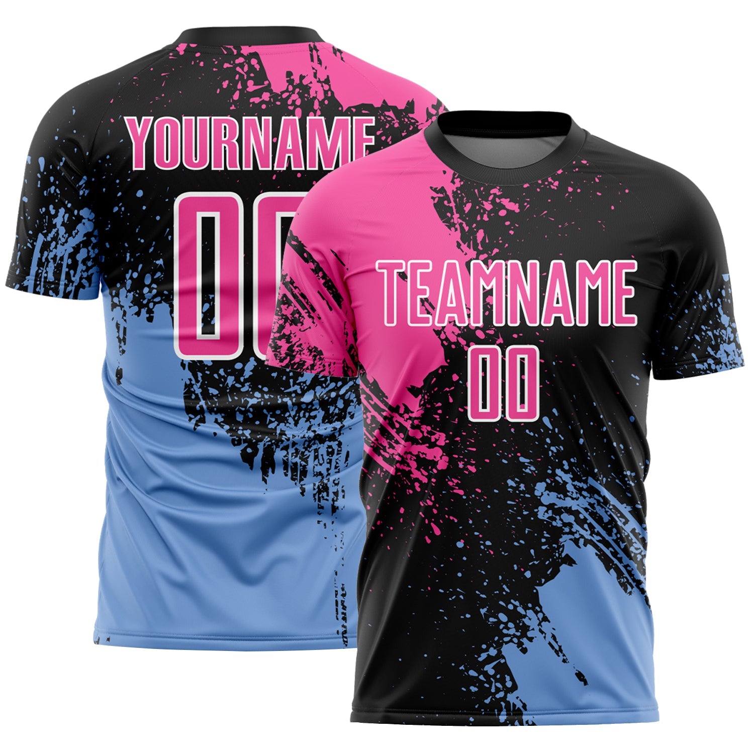 Custom Black Pink Light Blue-White Abstract Brush Stroke Sports Sublimation Soccer Uniform Jersey - Main View
