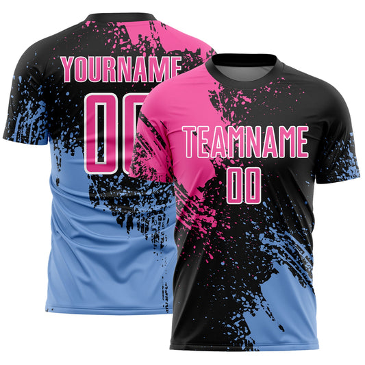 Custom Black Pink Light Blue-White Abstract Brush Stroke Sports Sublimation Soccer Uniform Jersey - Main View
