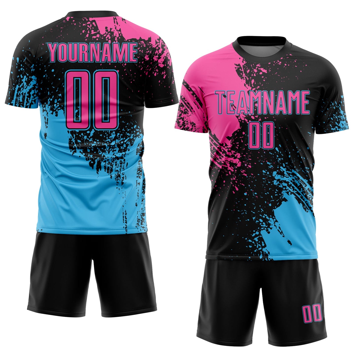 Custom Black Pink-Sky Blue Abstract Brush Stroke Sports Sublimation Soccer Uniform Jersey view 2
