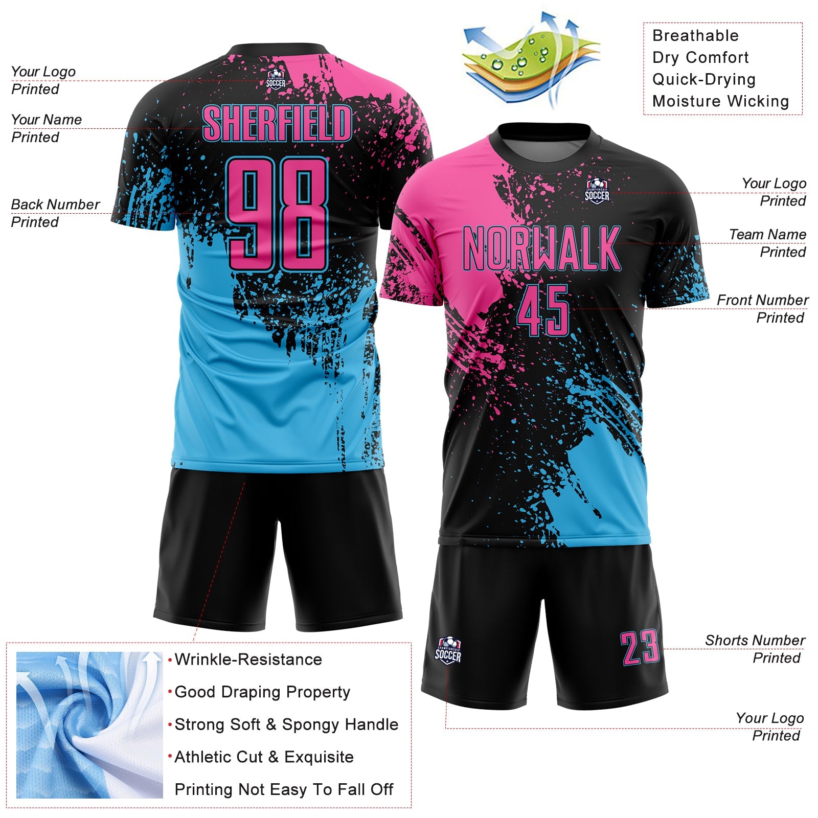 Custom Black Pink-Sky Blue Abstract Brush Stroke Sports Sublimation Soccer Uniform Jersey view 4