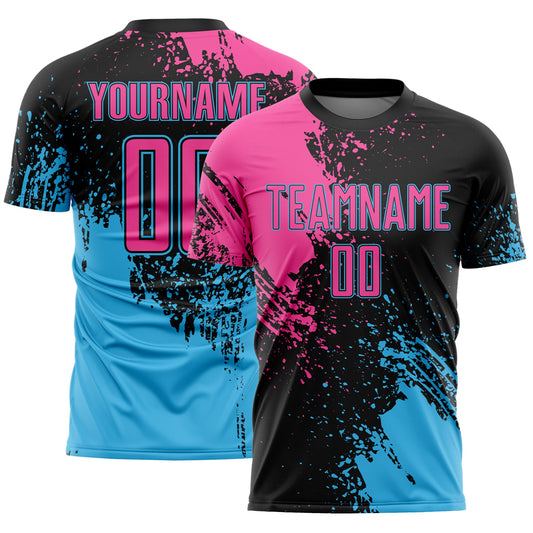 Custom Black Pink-Sky Blue Abstract Brush Stroke Sports Sublimation Soccer Uniform Jersey - Main View