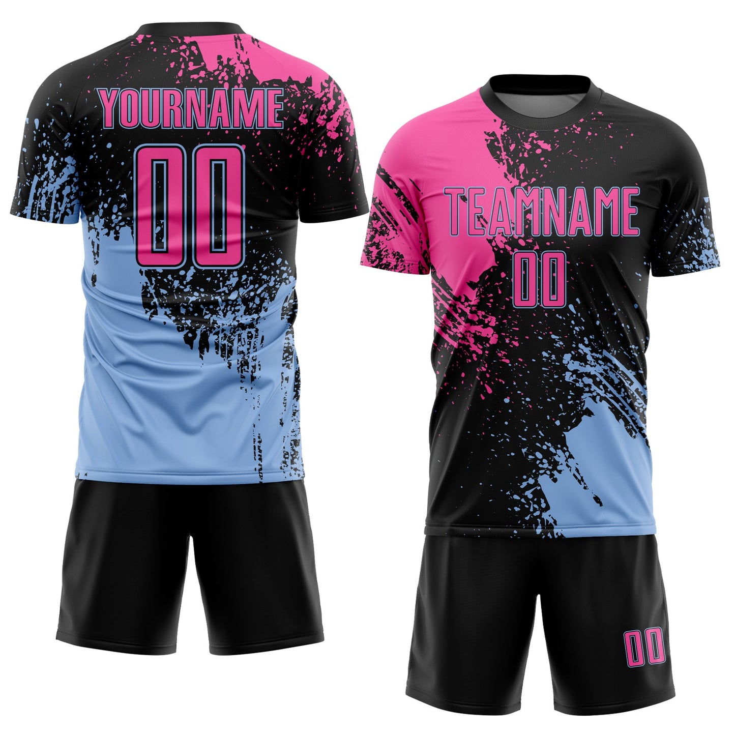 Custom Black Pink-Light Blue Abstract Brush Stroke Sports Sublimation Soccer Uniform Jersey view 2
