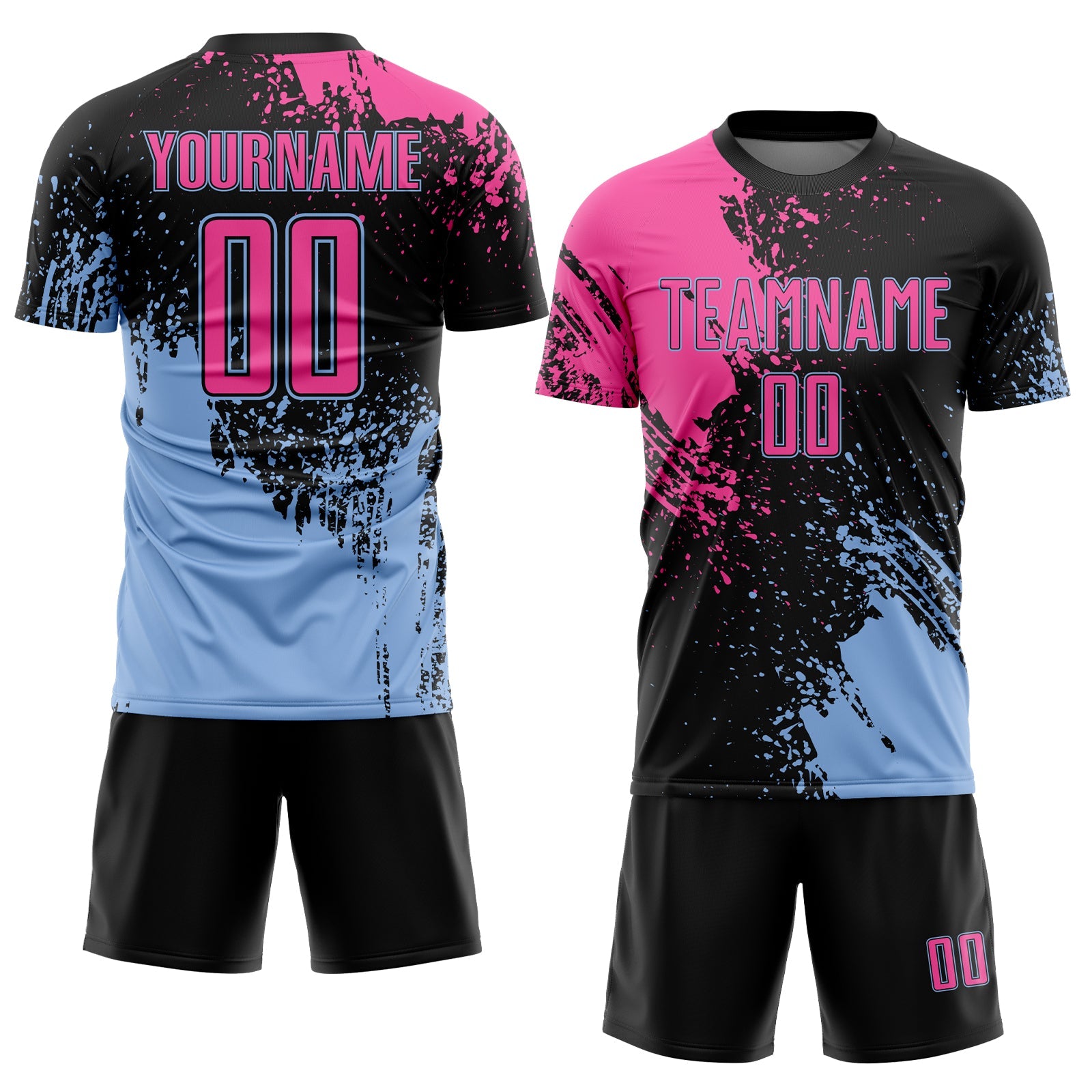 Custom Black Pink-Light Blue Abstract Brush Stroke Sports Sublimation Soccer Uniform Jersey view 2