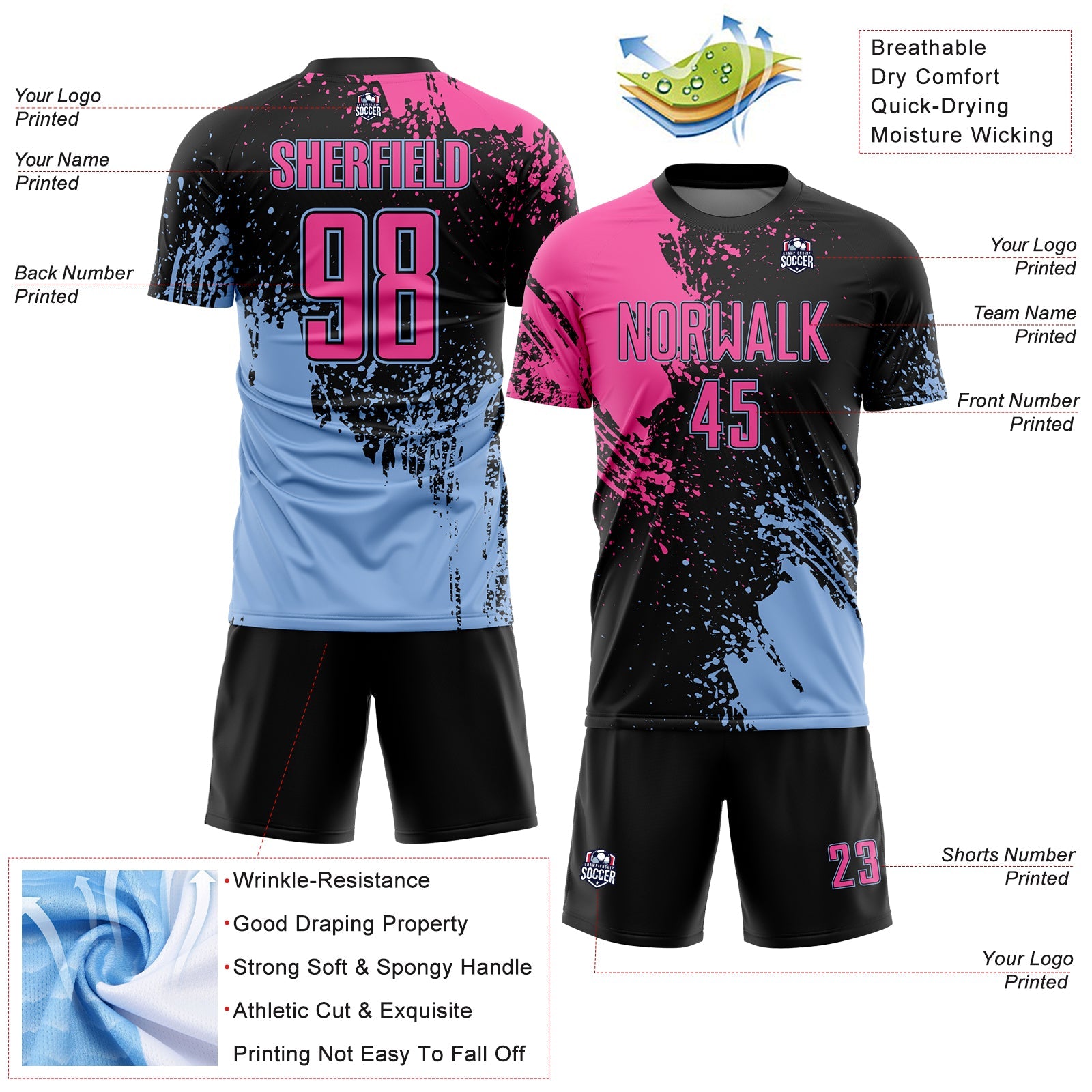 Custom Black Pink-Light Blue Abstract Brush Stroke Sports Sublimation Soccer Uniform Jersey view 4