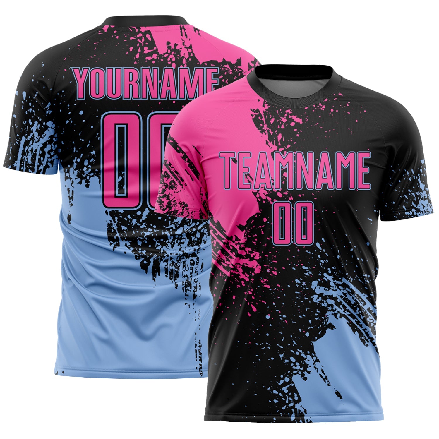 Custom Black Pink-Light Blue Abstract Brush Stroke Sports Sublimation Soccer Uniform Jersey - Main View
