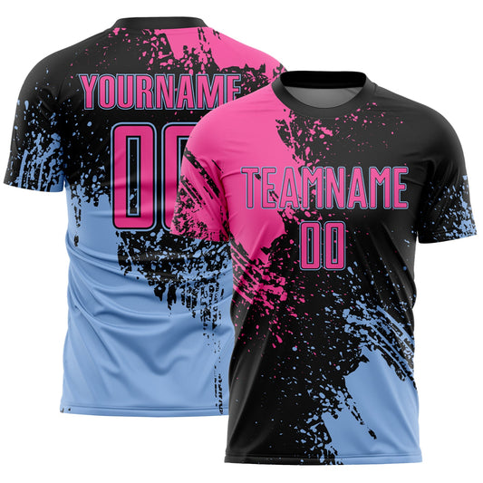 Custom Black Pink-Light Blue Abstract Brush Stroke Sports Sublimation Soccer Uniform Jersey - Main View