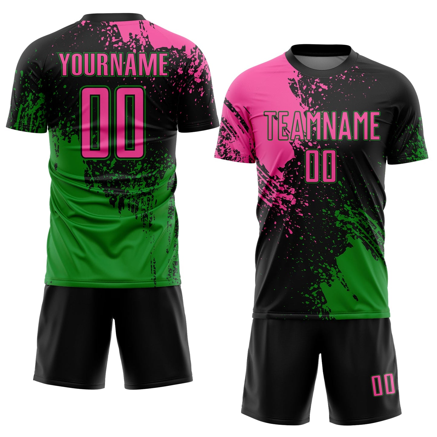Custom Black Pink-Grass Green Abstract Brush Stroke Sports Sublimation Soccer Uniform Jersey view 2