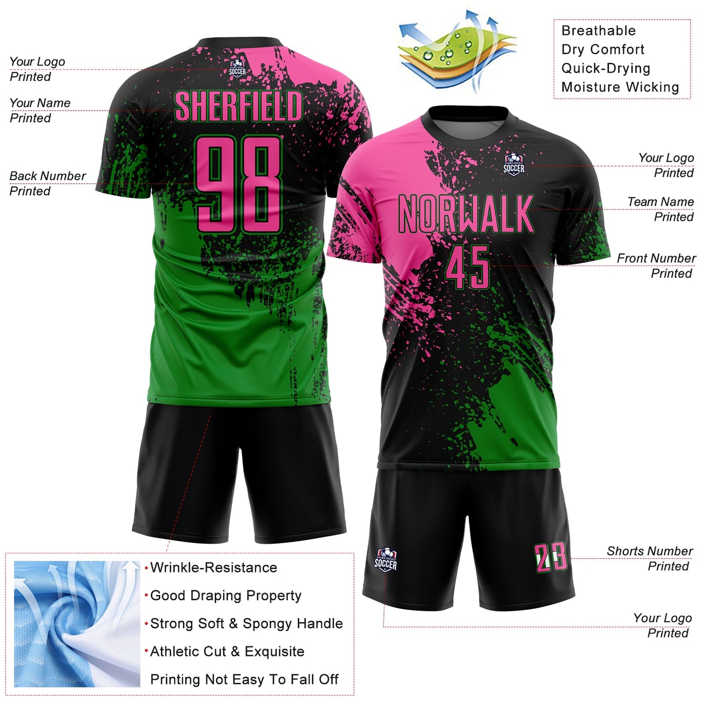 Custom Black Pink-Grass Green Abstract Brush Stroke Sports Sublimation Soccer Uniform Jersey view 4