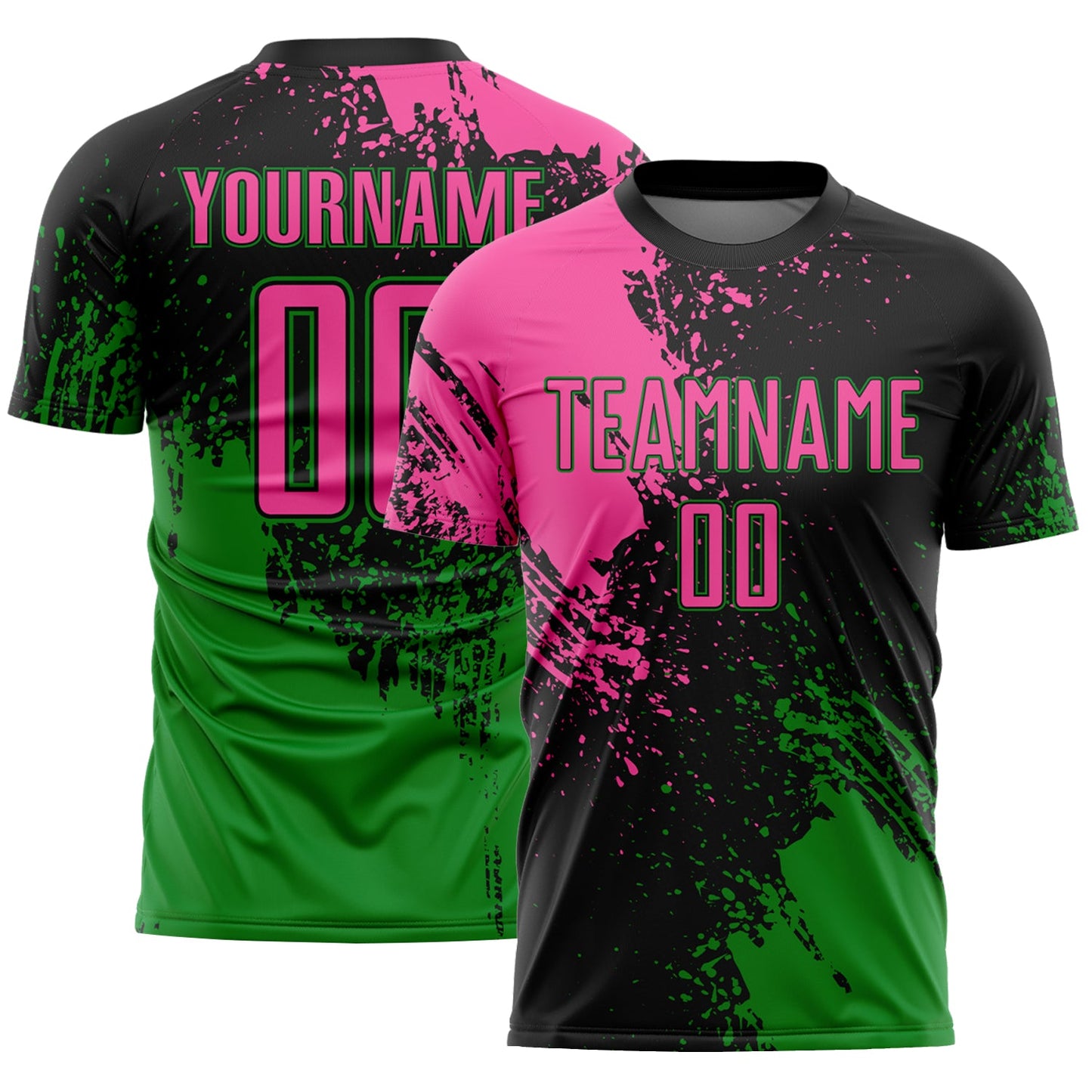 Custom Black Pink-Grass Green Abstract Brush Stroke Sports Sublimation Soccer Uniform Jersey - Main View