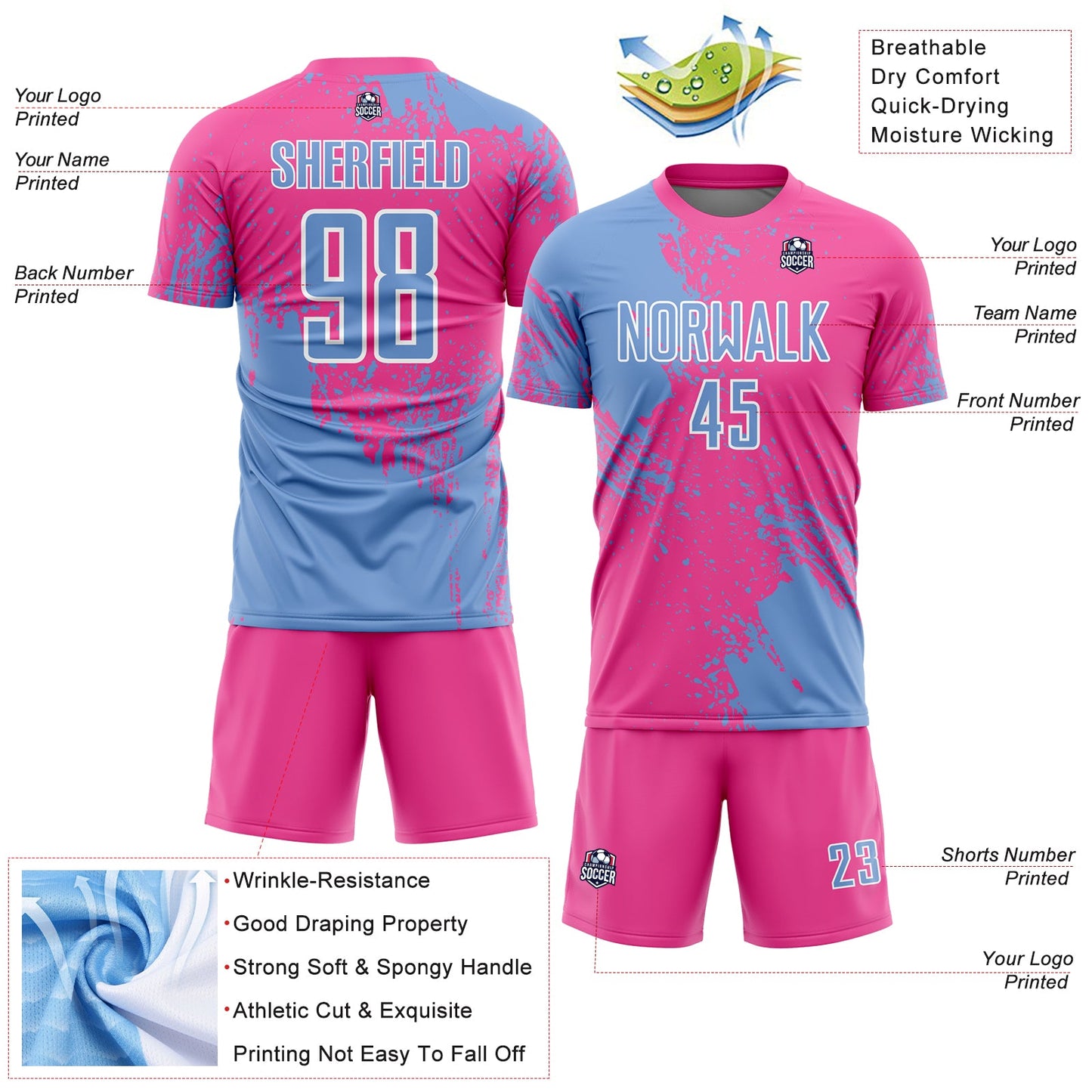 Custom Pink Light Blue-White Abstract Brush Stroke Sports Sublimation Soccer Uniform Jersey view 4