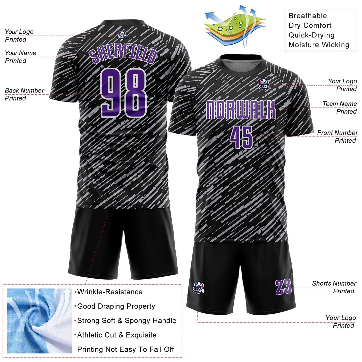 Custom Black Purple Gray-White Line Sports Sublimation Soccer Uniform Jersey view 4