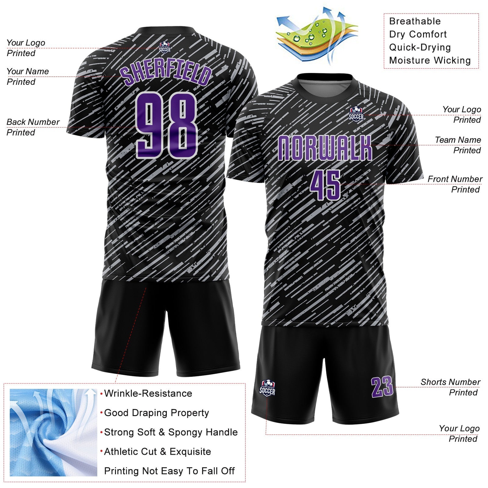 Custom Black Purple Gray-White Line Sports Sublimation Soccer Uniform Jersey view 4