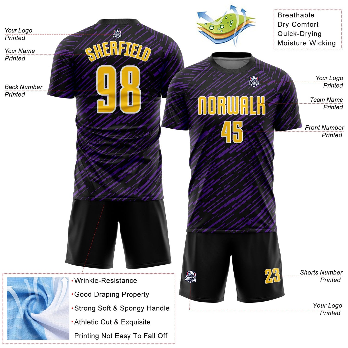 Custom Black Yellow Purple-White Line Sports Sublimation Soccer Uniform Jersey view 4