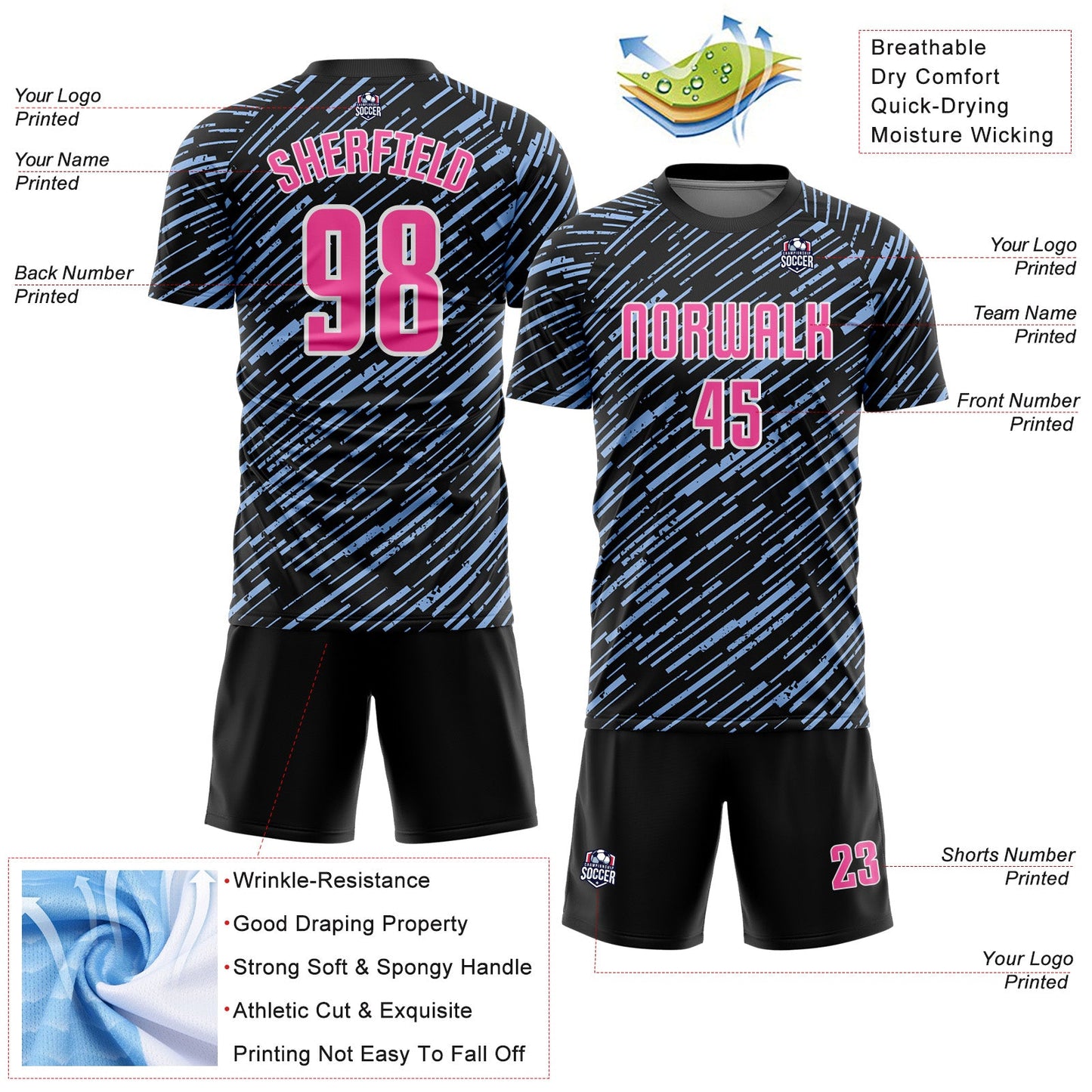 Custom Black Pink Light Blue-White Line Sports Sublimation Soccer Uniform Jersey view 4