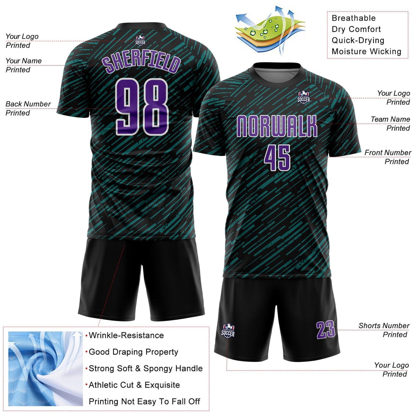 Custom Black Purple Teal-White Line Sports Sublimation Soccer Uniform Jersey view 4