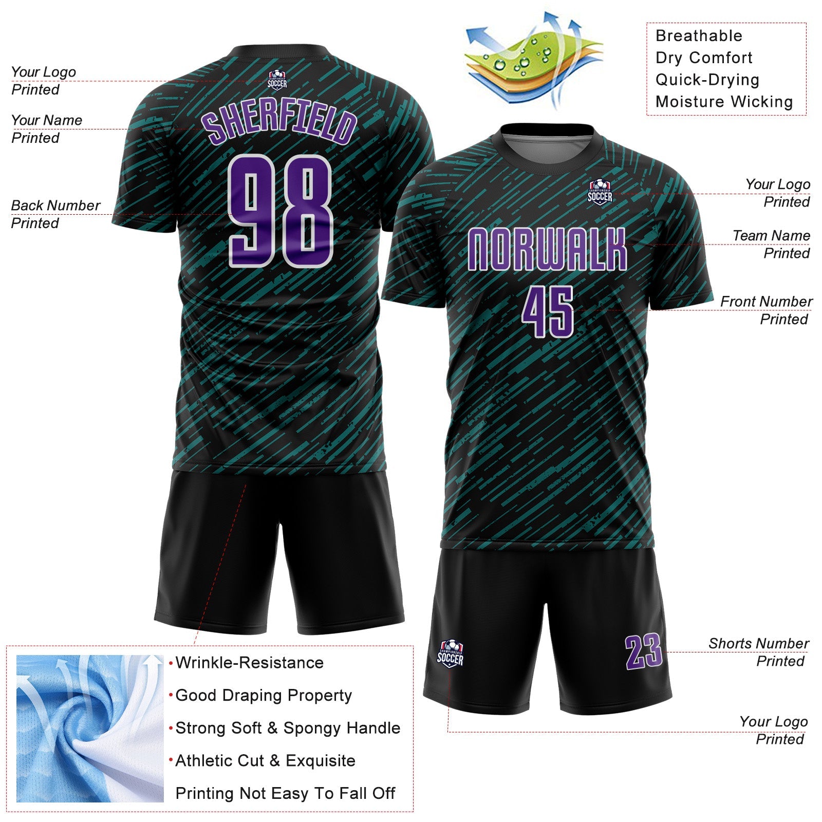 Custom Black Purple Teal-White Line Sports Sublimation Soccer Uniform Jersey view 4