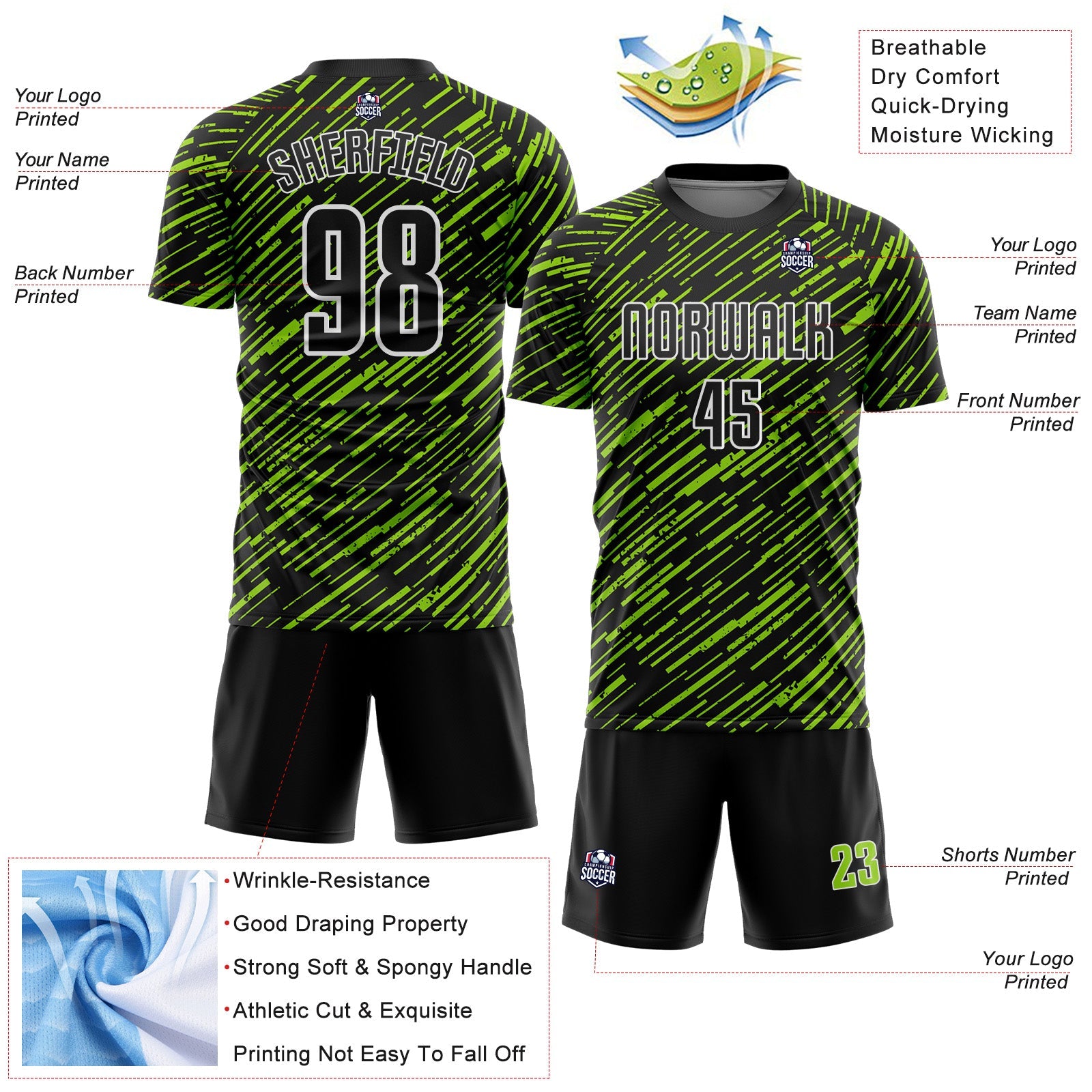Custom Black Neon Green-White Line Sports Sublimation Soccer Uniform Jersey view 4