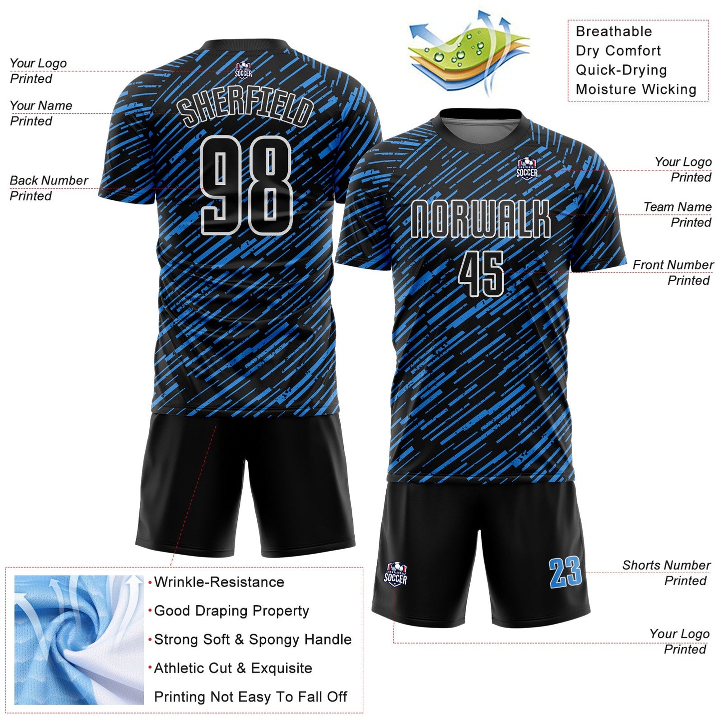 Custom Black Powder Blue-White Line Sports Sublimation Soccer Uniform Jersey view 4