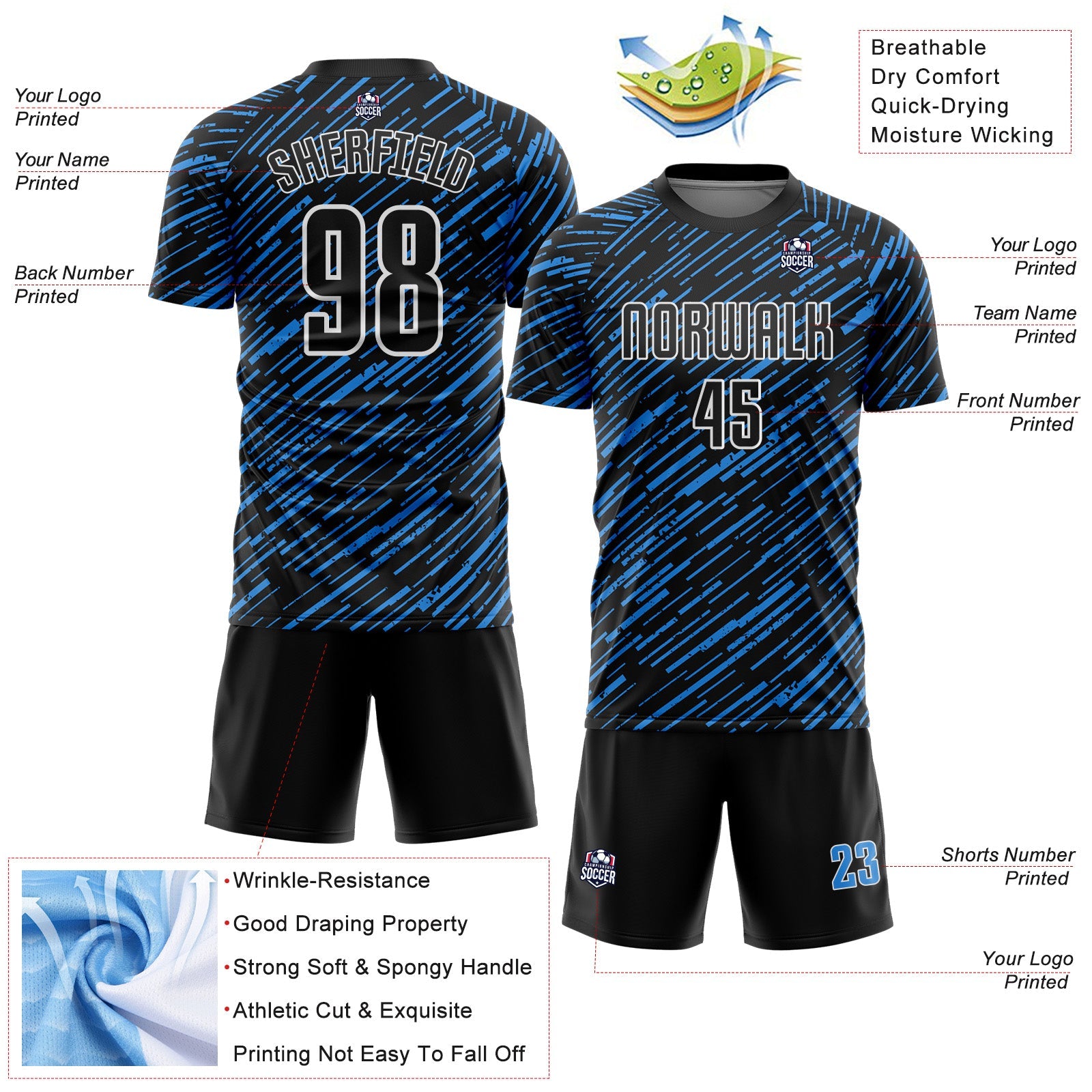 Custom Black Powder Blue-White Line Sports Sublimation Soccer Uniform Jersey view 4