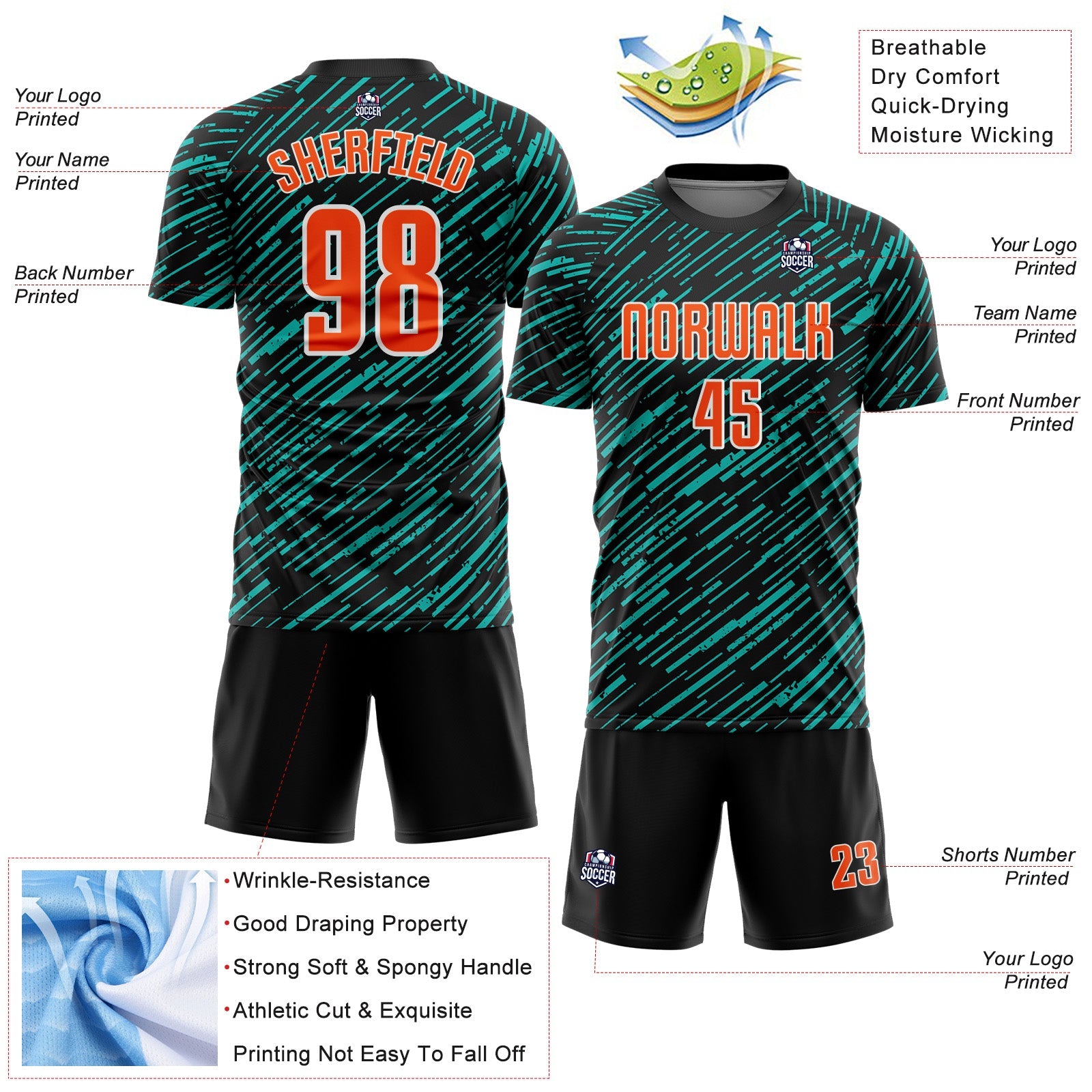 Custom Black Orange Aqua-White Line Sports Sublimation Soccer Uniform Jersey view 4