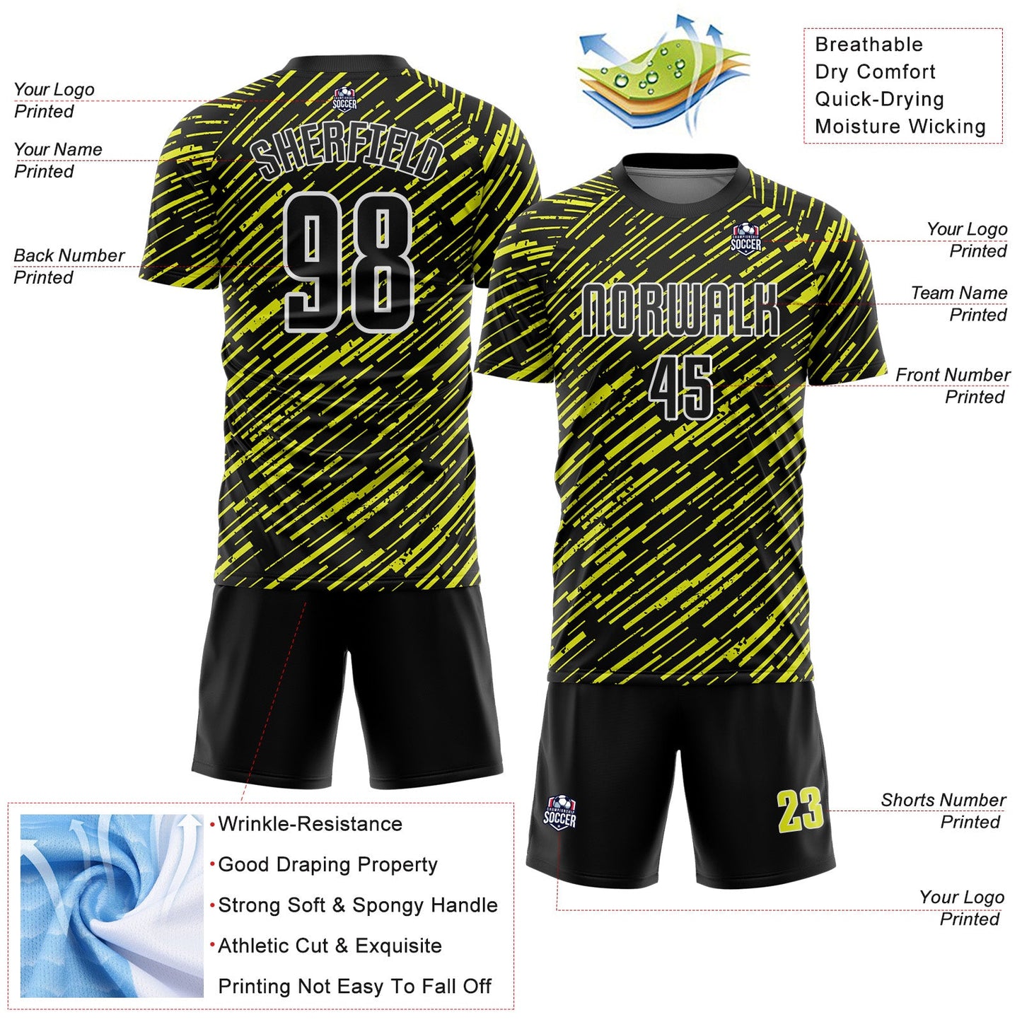 Custom Black Neon Yellow-White Line Sports Sublimation Soccer Uniform Jersey view 4