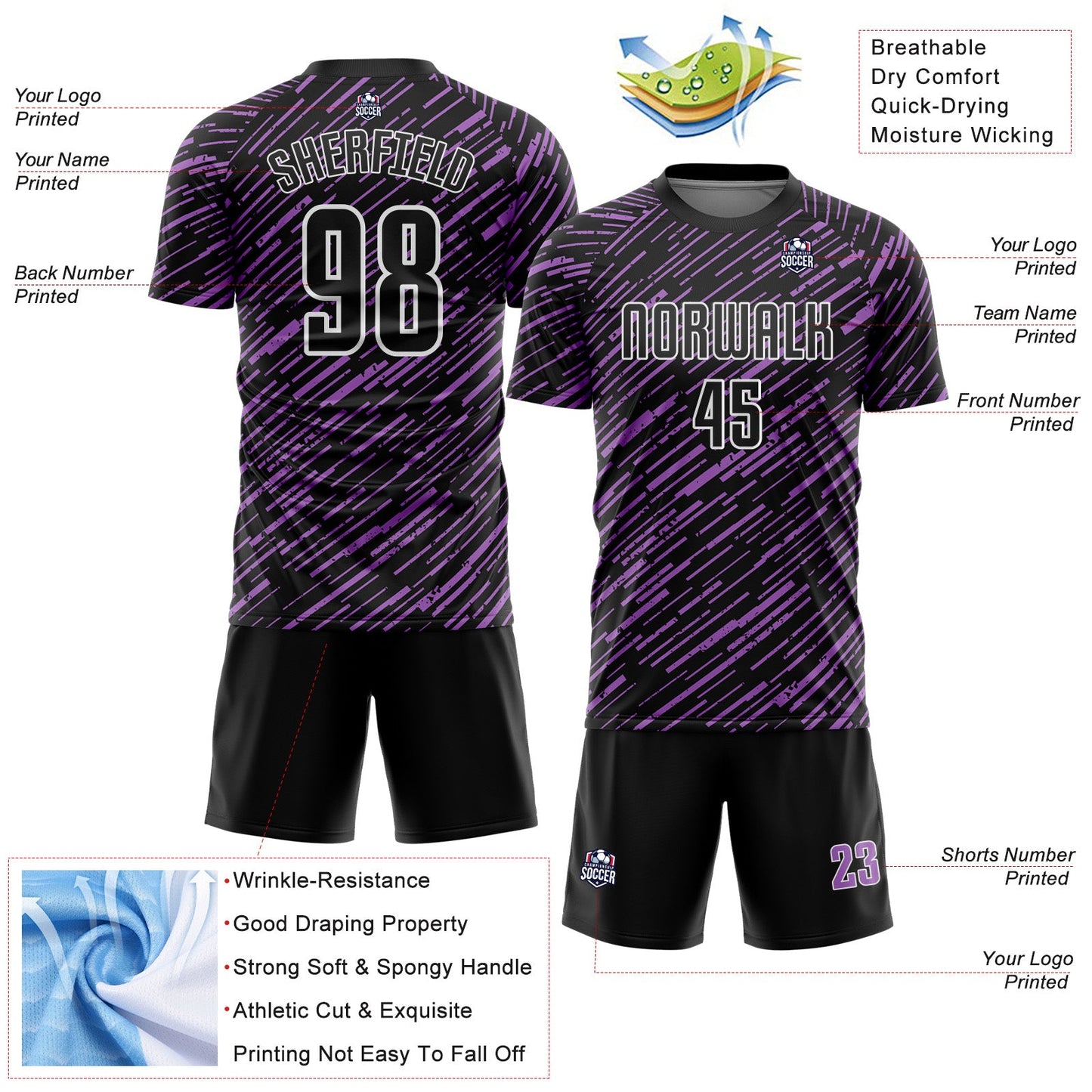 Custom Black Medium Purple-White Line Sports Sublimation Soccer Uniform Jersey view 4