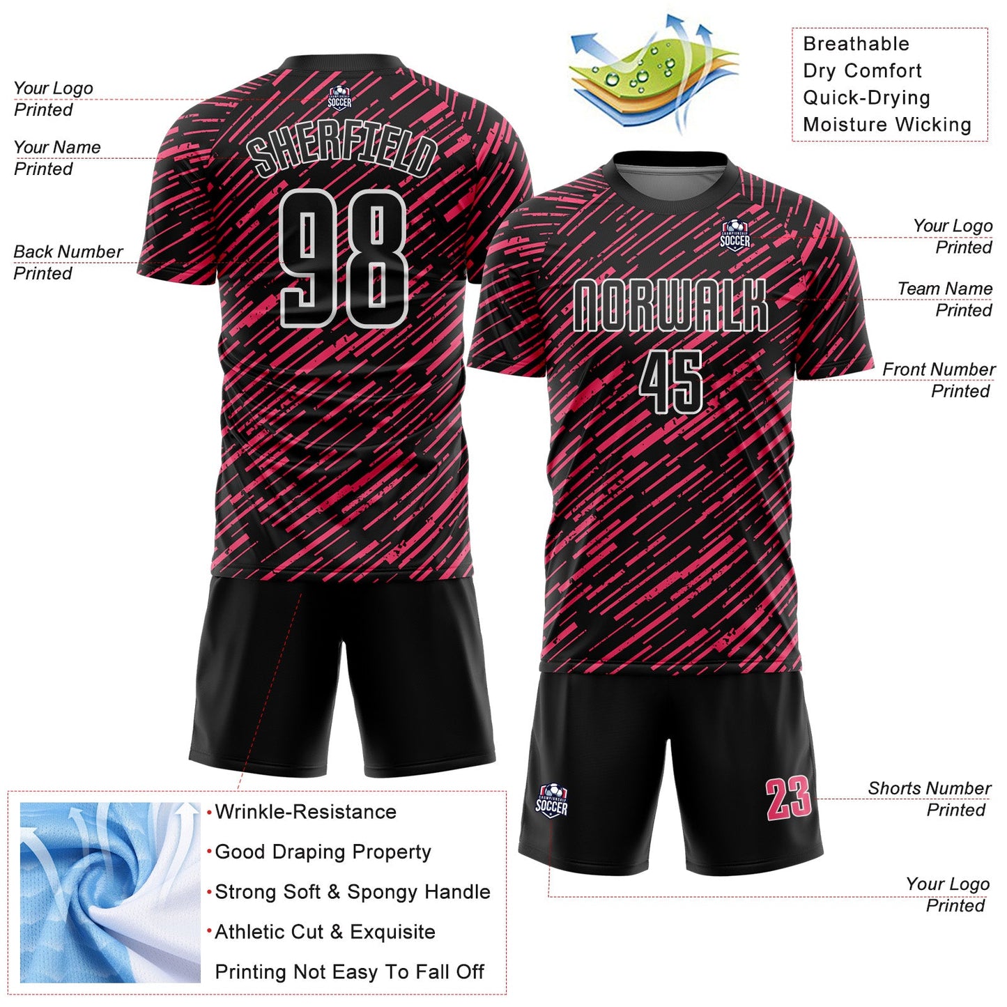 Custom Black Neon Pink-White Line Sports Sublimation Soccer Uniform Jersey view 4