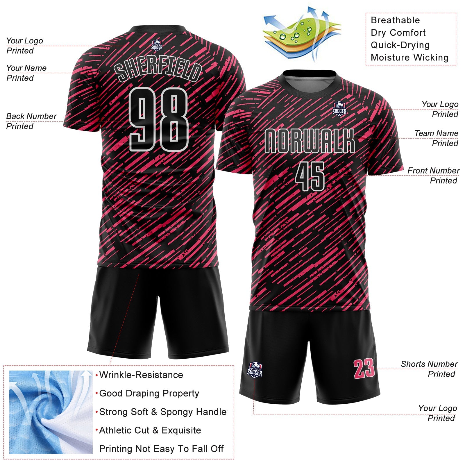 Custom Black Neon Pink-White Line Sports Sublimation Soccer Uniform Jersey view 4