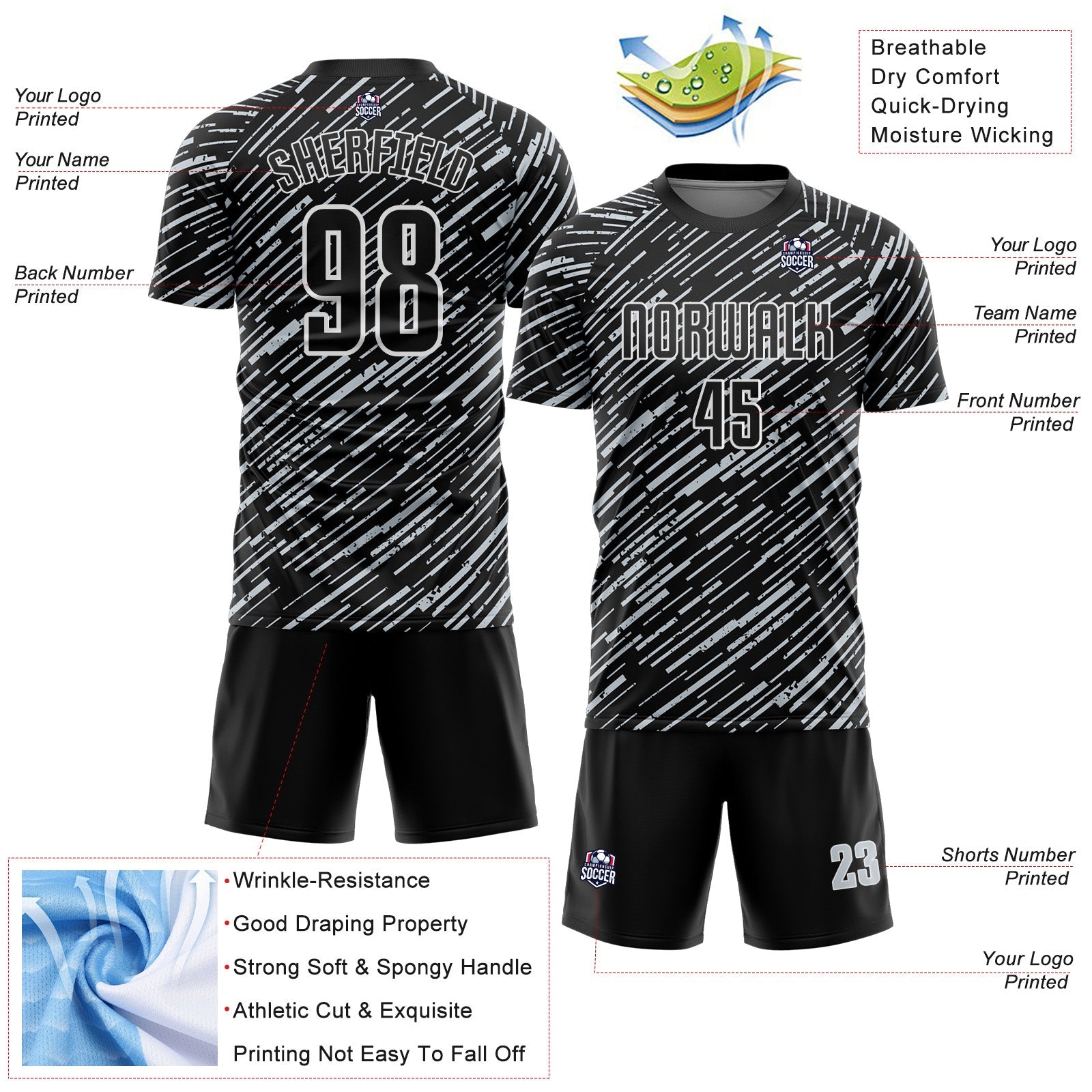 Custom Black Silver-White Line Sports Sublimation Soccer Uniform Jersey view 4