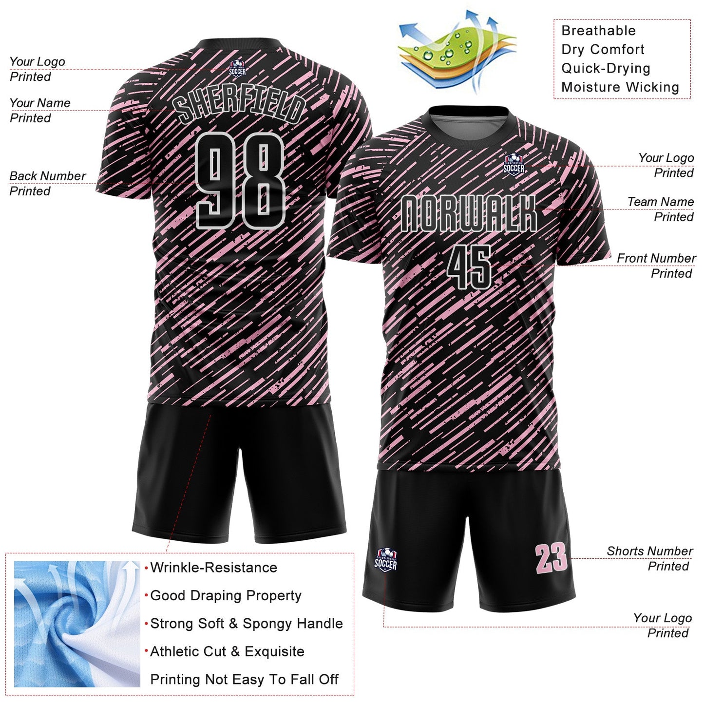 Custom Black Light Pink-White Line Sports Sublimation Soccer Uniform Jersey view 4