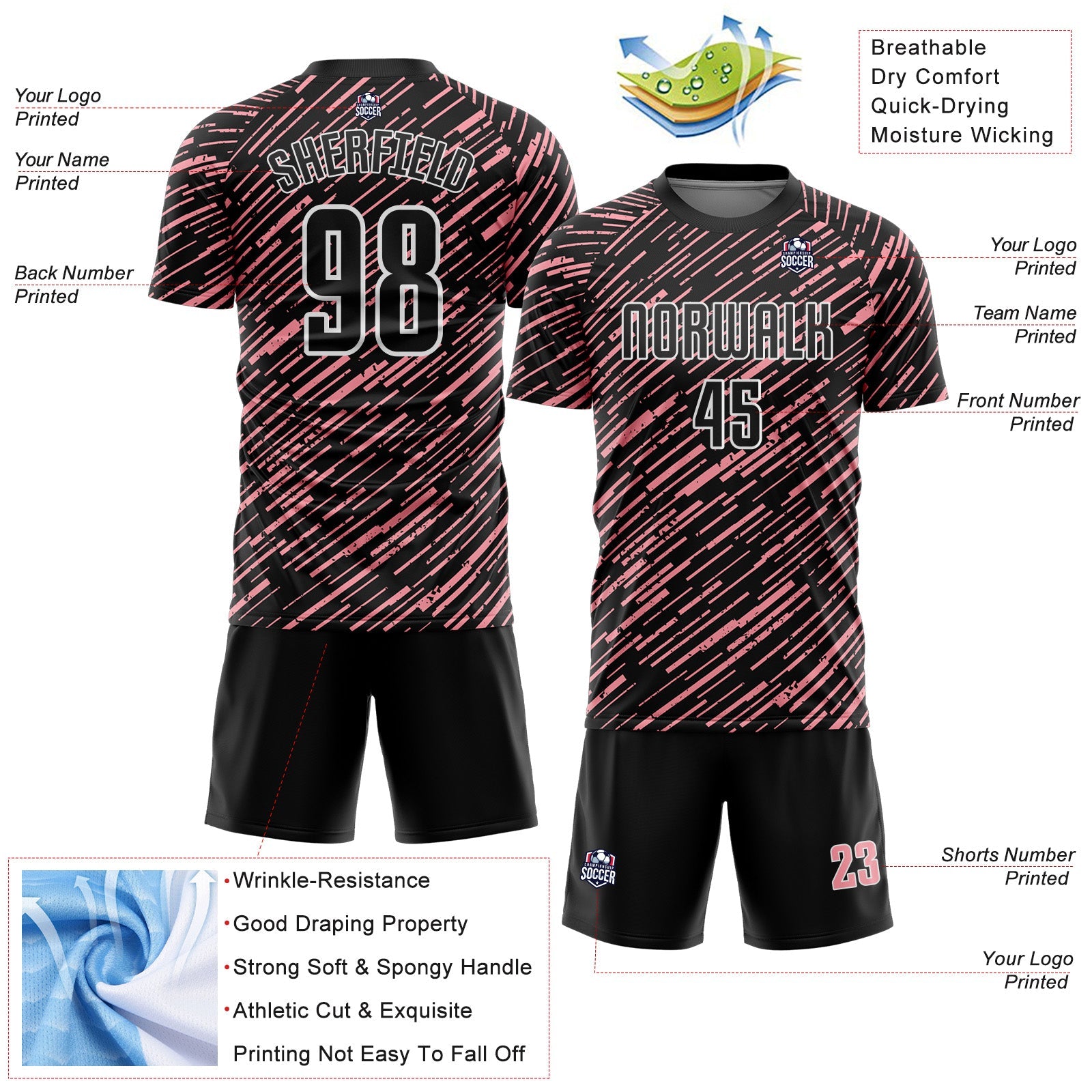 Custom Black Medium Pink-White Line Sports Sublimation Soccer Uniform Jersey view 4