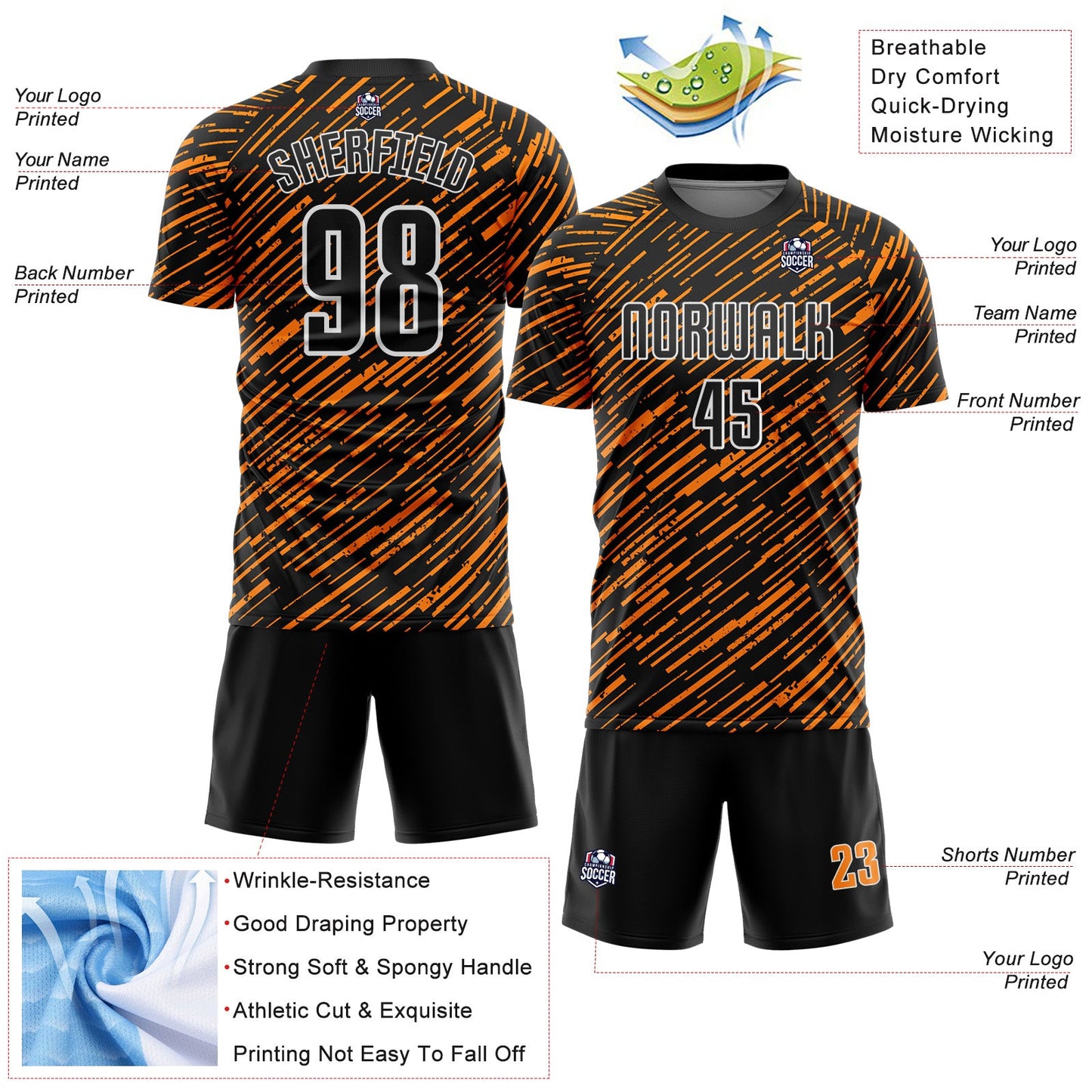 Custom Black Bay Orange-White Line Sports Sublimation Soccer Uniform Jersey view 4