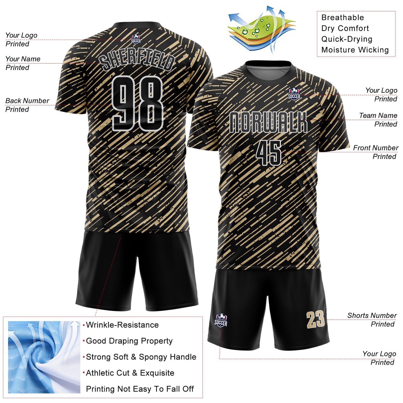 Custom Black Vegas Gold-White Line Sports Sublimation Soccer Uniform Jersey view 4
